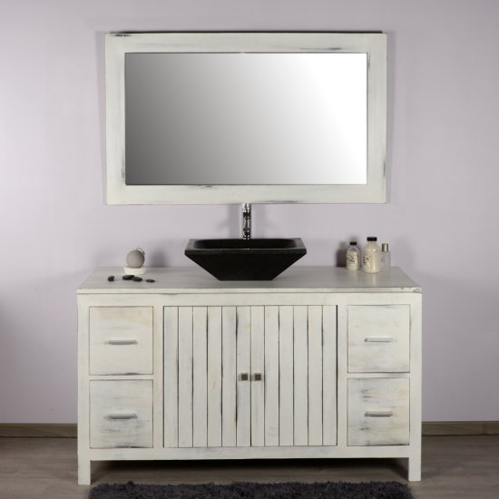Meuble de salle de bain et son miroir en teck - Baggi blanc