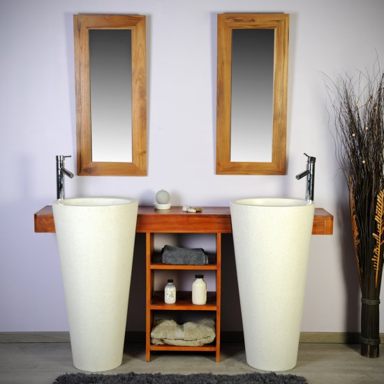 Ensemble de salle bain en teck 160 avec étagère, miroirs et vasques blanches - Cleopatra