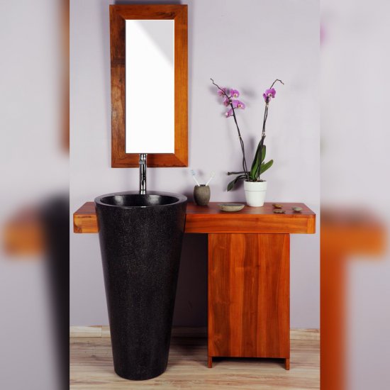 Ensemble de salle de bain en teck 120 avec porte, miroir et vasque noire - Cleopatra