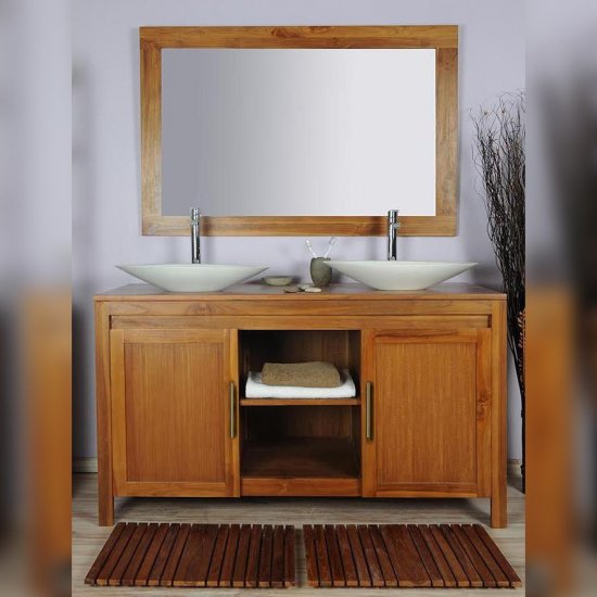 Ensemble de salle de bain teck naturel 140 avec vasques et miroir - Grey